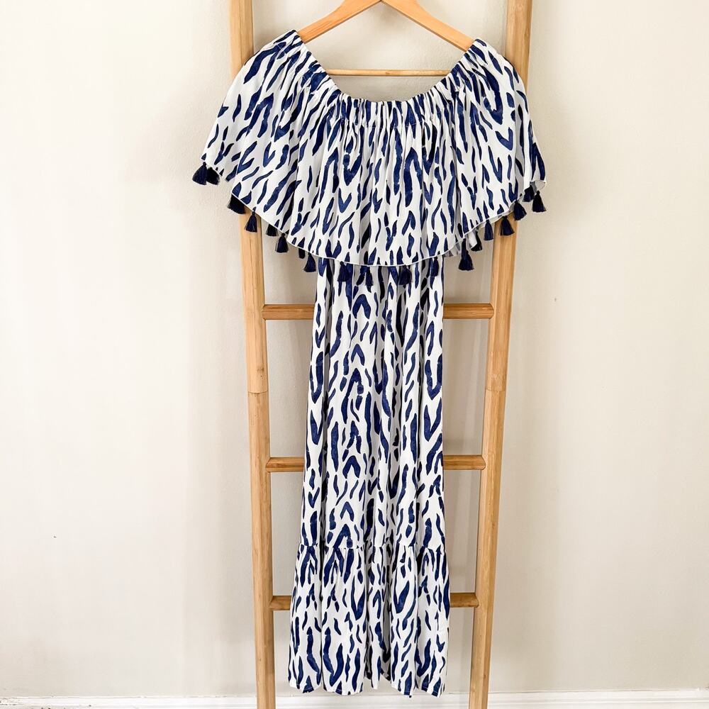 La Mer Luxe Blue White Zebra Print Tassel Off Shoulder Midi Dress Small
